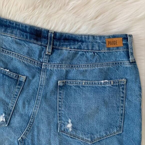PAIGE Afia Dunlee Asymmetrical Frayed Hem Distressed Mini Jean Skirt Size 32 - Picture 6 of 9